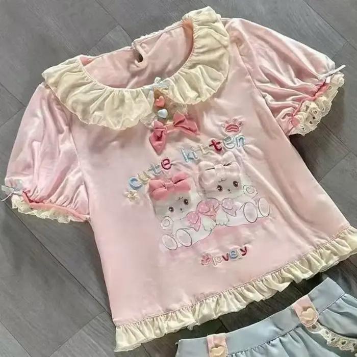 Nouvel ensemble jupe et t-shirt style Lolita Kawaii japonais pour femme, avec nœud et imprimé chat, 