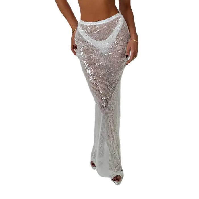 Y2K – jupe transparente à paillettes scintillantes pour femmes, taille élastique scintillante, coule