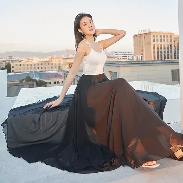 Jupe longue en mousseline de soie pour femmes, 720 degrés, danse de Ballet, patins gitans, vêtements