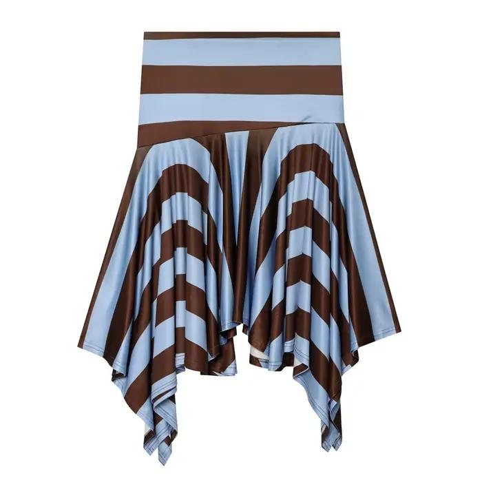 Jupe rayée pour femmes, jupe d'été asymétrique à taille haute avec volants, jupe midi bleue décontra