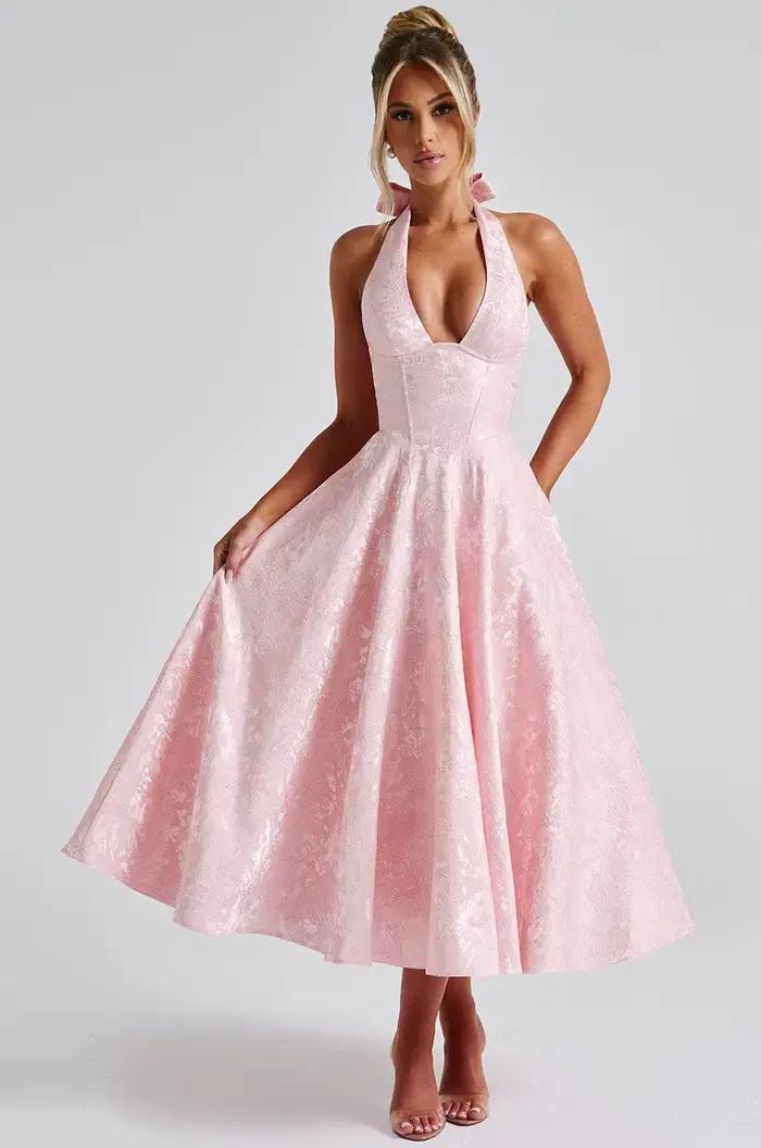 Robe longue élégante sans dos, col en V, sans manches, taille haute, imprimé floral, mélange de poly