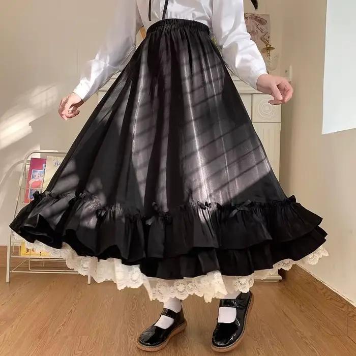 Jupes longues plissées japonaises pour femmes, vêtements Lolita Kawaii, jupe Goth, vintage, français