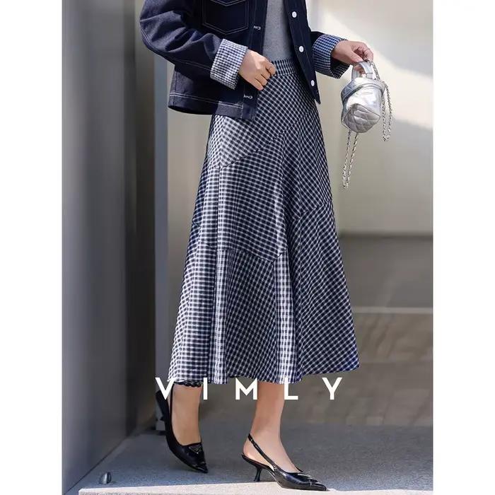 Jupe longue décontractée VIMLY pour femme, style français, à carreaux marine, coupe trapèze asymétri