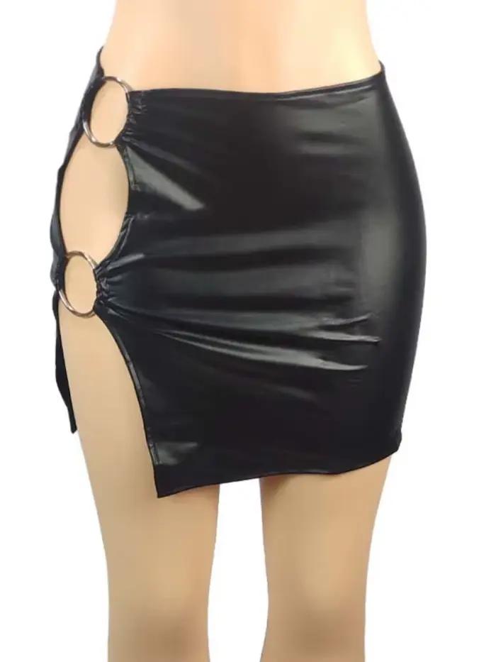 Mini jupe en simili cuir PU pour femmes, anneau métallique, fente latérale, taille haute, Slim, Vint