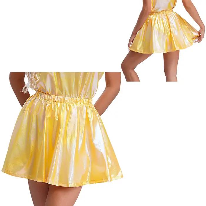 Mini jupes métalliques brillantes pour femmes, jupe de danse à volants, taille haute, évasée, Rave B
