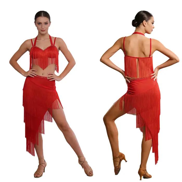 Costume de danse latine et de tango pour femmes, tenue de performance à franges, camisole à strass e