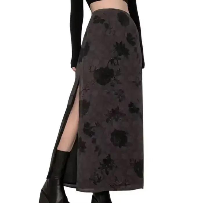 Jupe longue taille haute à fleurs pour femmes, fendue, gothique grunge, Y2K, décontractée, bohème, s