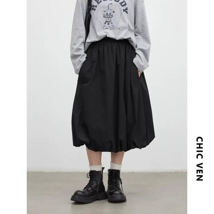 Jupe coréenne chic pour femme, noire, ample, décontractée, taille élastique, motif fleur, mi-longue,