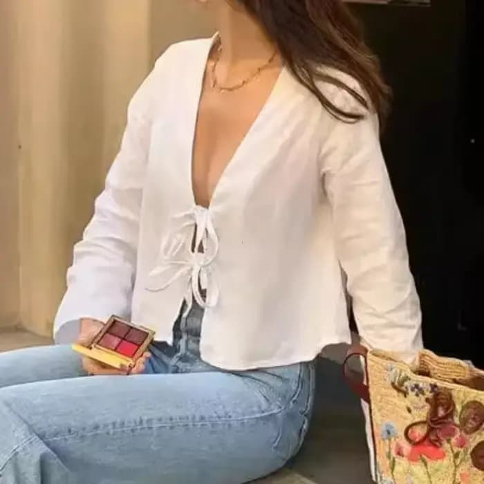 Chemisier à manches longues en lin vert à lacets pour femmes, mode Chic décontractée, ample, col en 