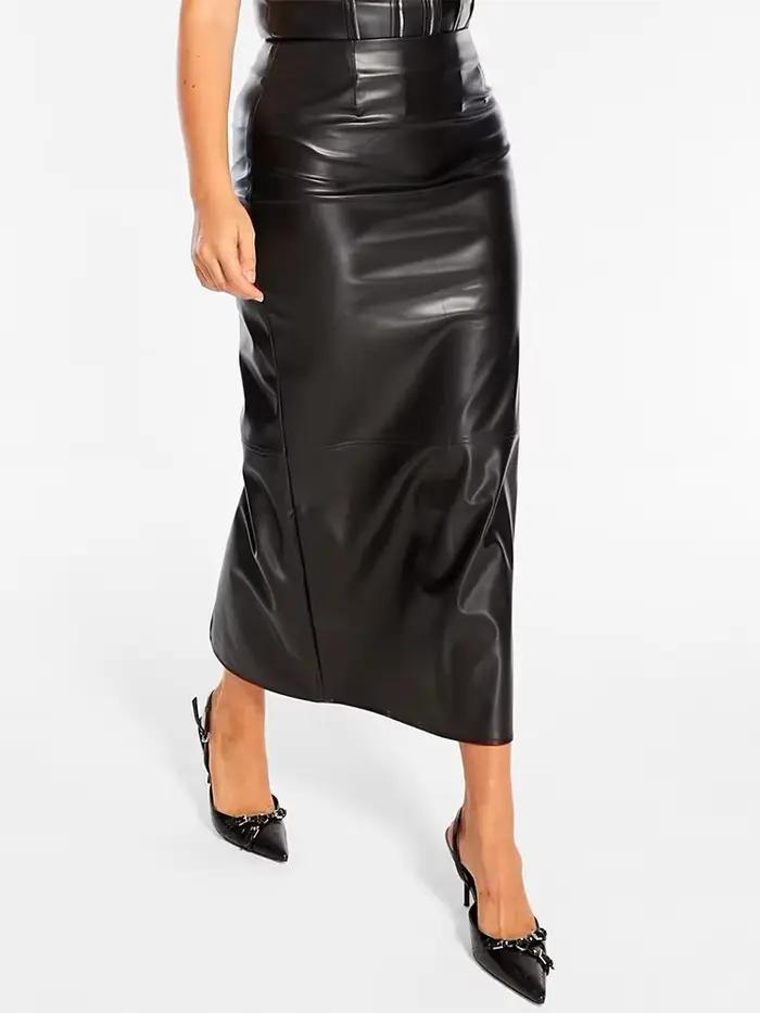 Jupe midi élégante pour femme grande taille en similicuir mat, taille haute, extensible, coupe droit