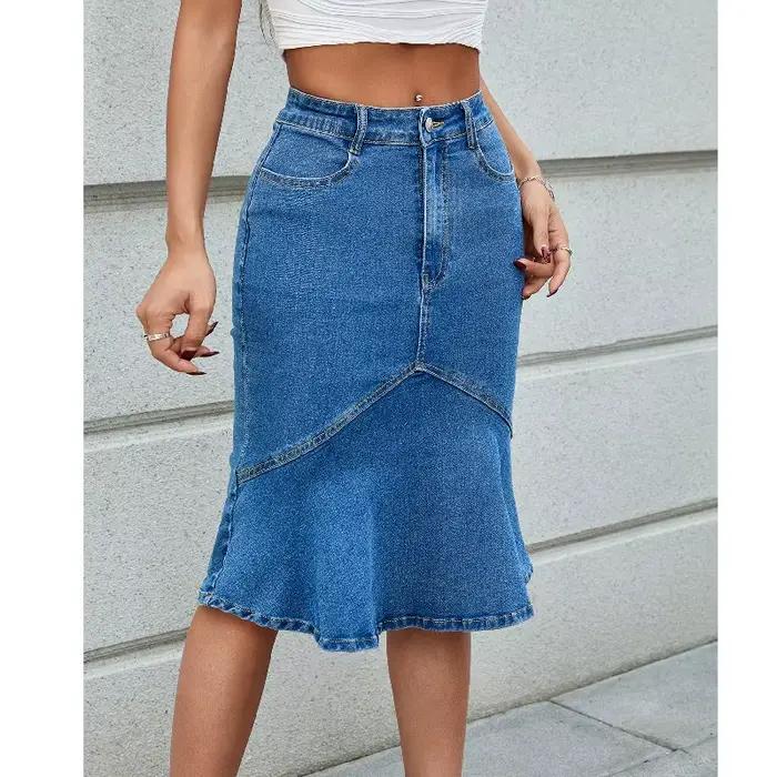 Femmes taille haute jupes en jean longueur genou jupe en jean extensible