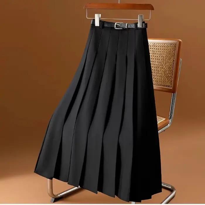 Jupe midi plissée pour femme, taille haute, coupe trapèze, décontractée, avec ceinture