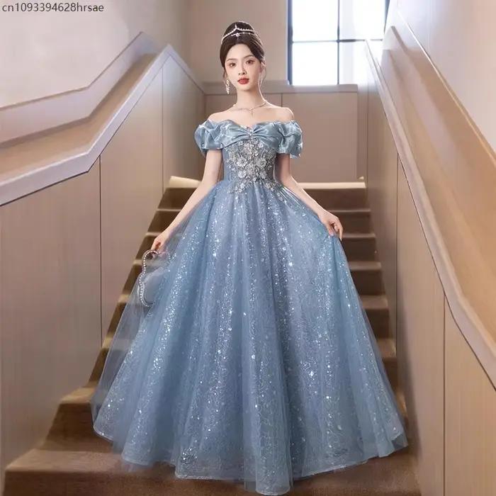 Robe de soirée de mariage bleue élégante, épaules dénudées, pour femmes, bal de Performance, luxueus