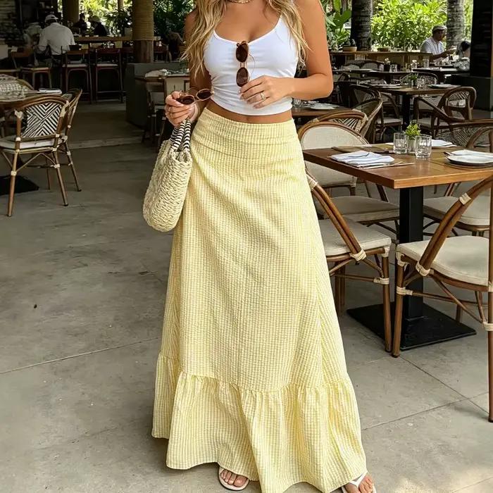 Jupe longue maxi évasée à volants et rayures gingham pour femme, taille haute, style vintage décontr