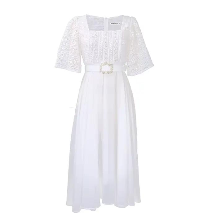 Robe blanche femmes fête longues robes volants dentelle mousseline de soie taille haute 2025 été fêt