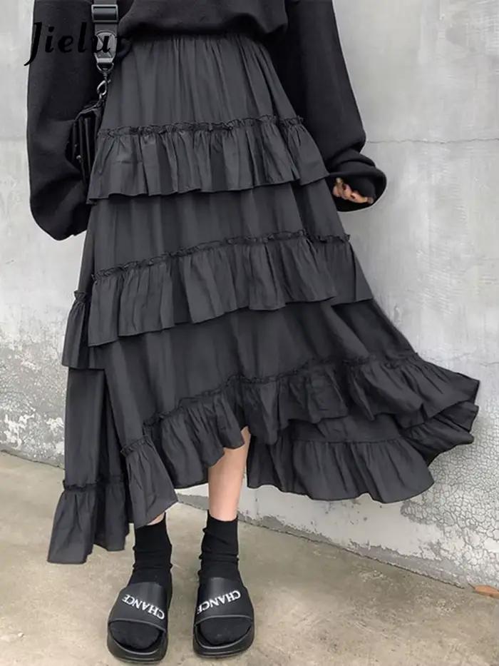 Jupes mi-longues pour femmes, jupe maxi gothique Lolita, taille haute, bas, froncé, volants, été