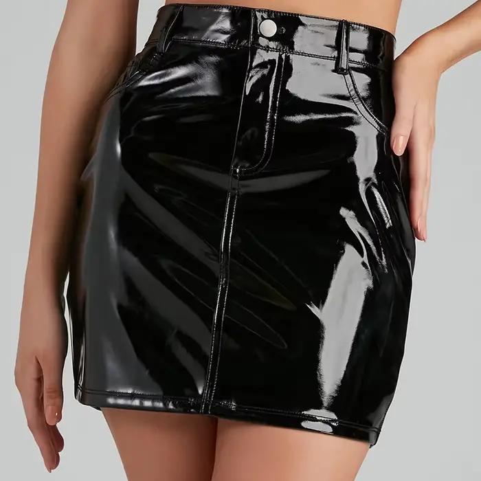 Mini-jupes stretch taille haute en similicuir pour femme, jupe crayon slim en cuir PU avec poches, n