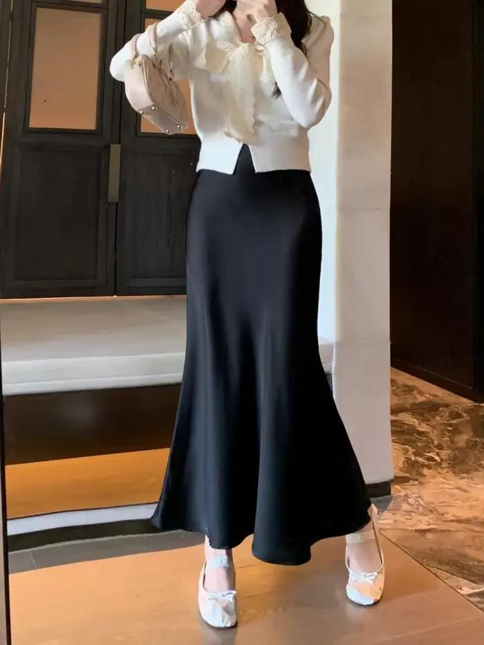 Jupe longue en satin pour femmes, printemps été, ligne inja, taille haute, mode coréenne, couleur un