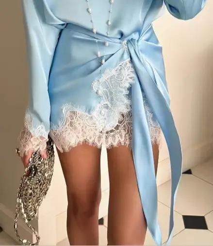 Robe Courte Bleue à Col Rond et Dentelle, avec Lacets, pour Femme, Élégante, Manches Longues, en Sat