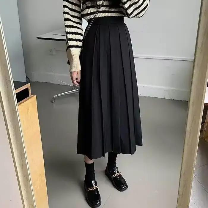 Jupe longue plissée pour femme - Taille haute élastique au dos, jupe décontractée longue