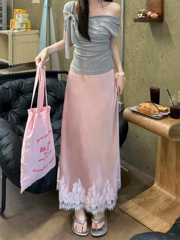 Jupe sirène élégante en satin pour femme, printemps-été, avec patchwork de dentelle, taille haute, l