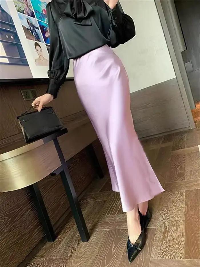 InjSatin-Jupe crayon longue taille haute pour femme, style coréen, couleur champagne, bureau, ligne 