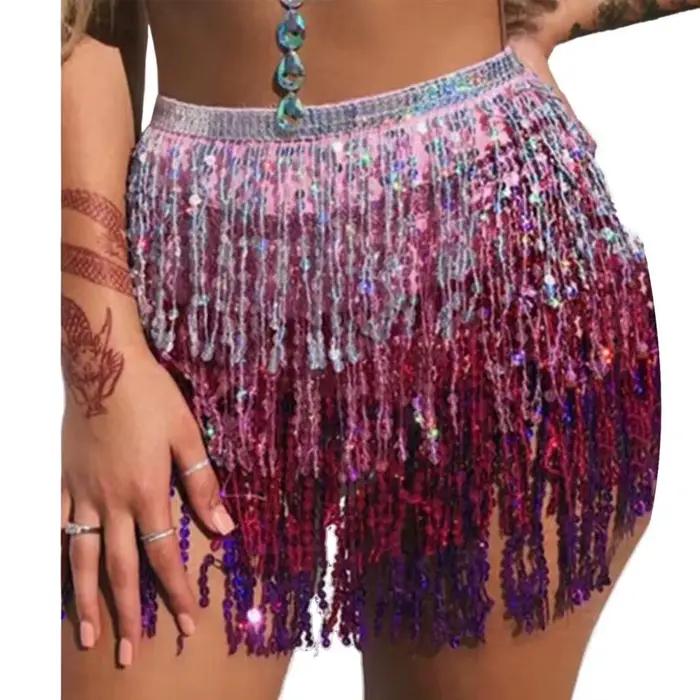 Jupe de danse orientale à sequins, design multicouche, couleur vive, jupe scintillante à 4 couches, 