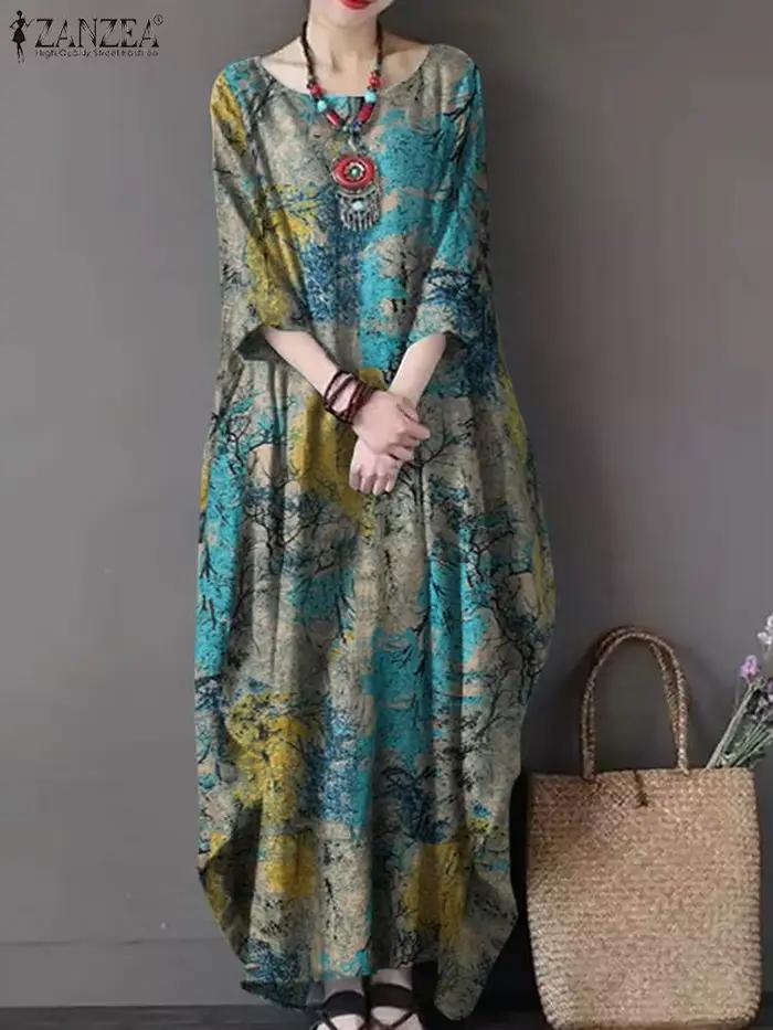 ZANZEA-Robe imprimée vintage pour femme, robe d'été bohème, manches longues, col rond, robe maxi élé