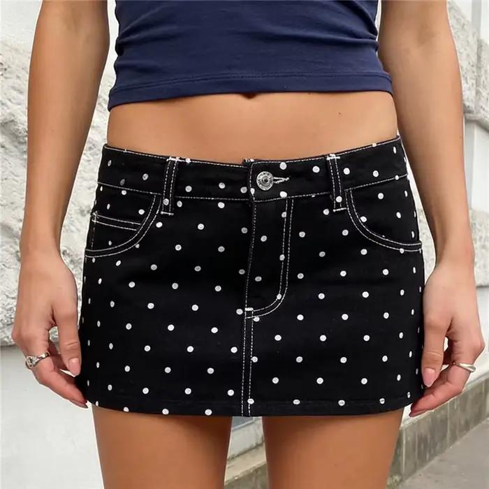 Mini jupes en jean pour femmes, style décontracté, imprimé à pois, jupe trapèze en denim pour les va