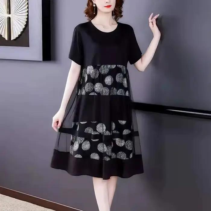 Robe imprimée à manches courtes pour femmes, grande taille, faux deux pièces, mère, mode, femme d'âg