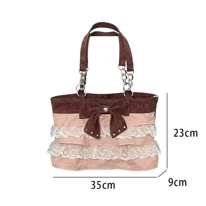 Jupe plissée tendance avec nœuds décoratifs sur le bas, sac à main en dentelle, sac fourre-tout lége
