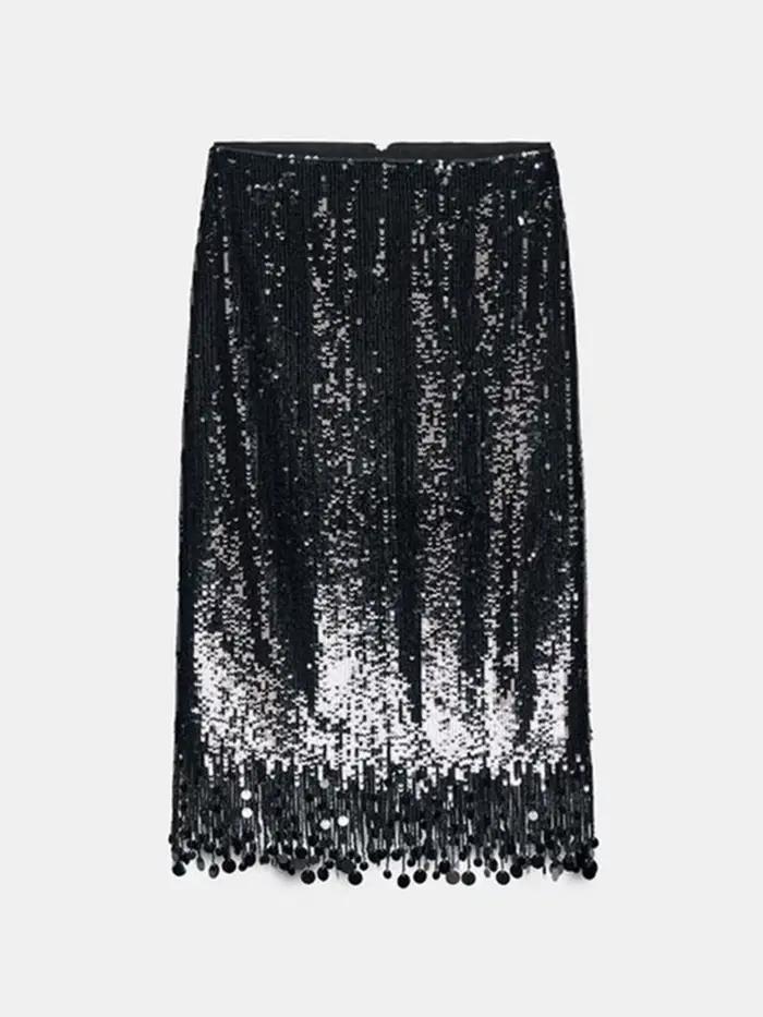 Jupes longues à paillettes pour femmes, taille haute, glands, brillant, paquet de hanche, gaine, vêt