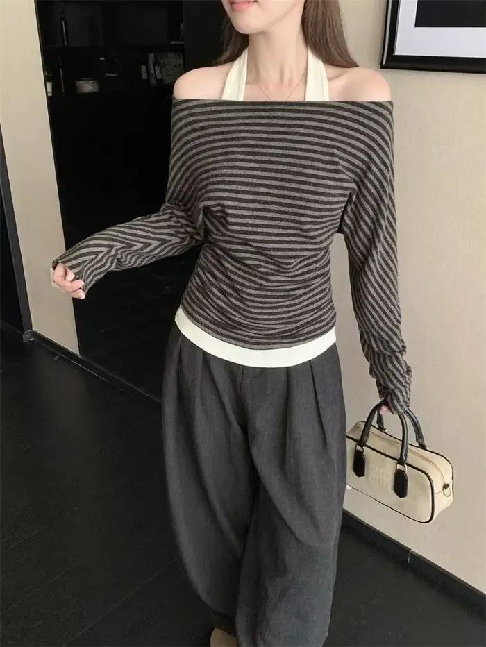 T-shirt rayé à manches longues pour femmes, asymétrique épaule dénudée, nouveau Style d'automne, cou