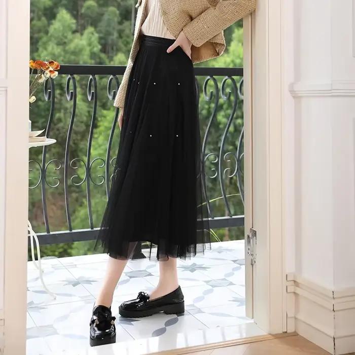I BELIEVE YOU-Jupes en maille pour femme, élastique, ligne haute, perlée, élégante, bureau, gâteau, 