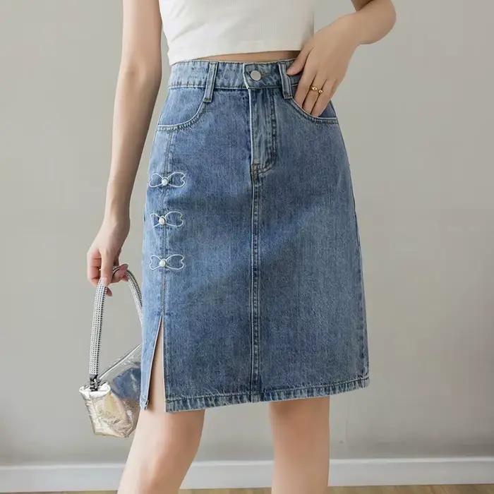 Jupes en jean pour femmes bleu aux genoux longueur avec fente taille haute femme jupe en jean pas ch