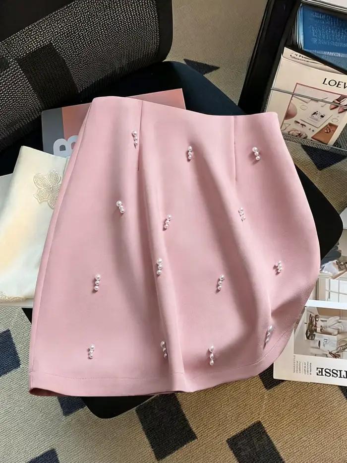 Jupe mini trapèze taille mi-haute pour femme avec perles - Jupe crayon élégante pour le bureau avec 
