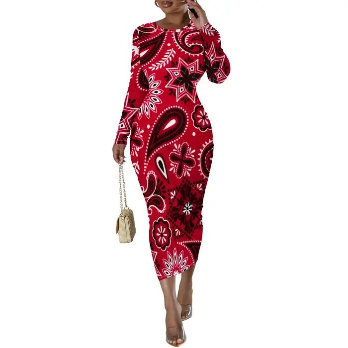 Robe moulante à manches longues Paisley rouge grande taille - Femme Vibrant Boho Party Date Night Wo