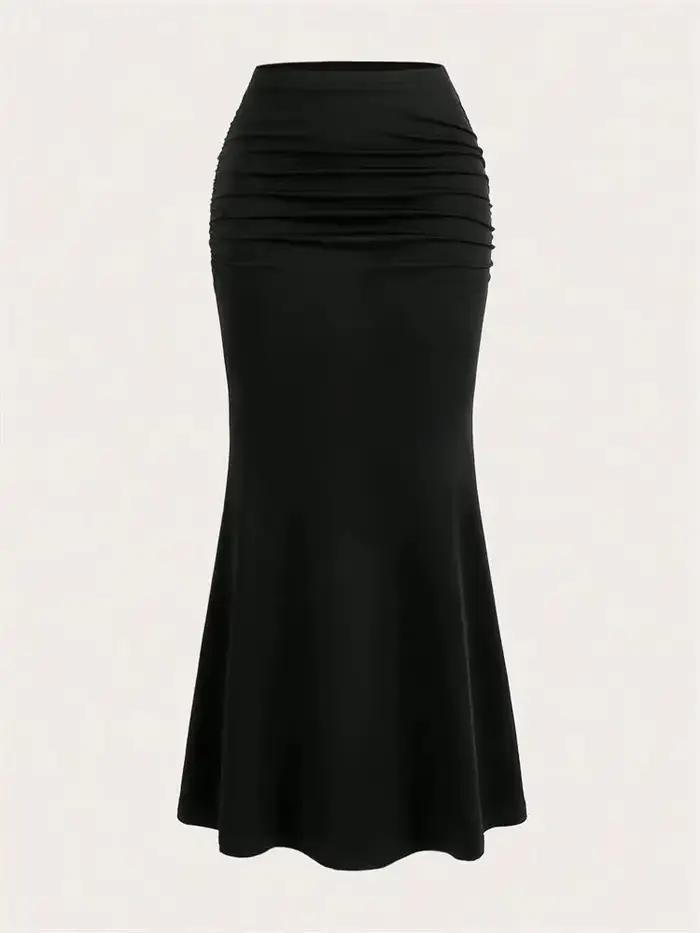 Jupe longue froncée moulante pour femmes, couleur unie, Sexy, noire, élastique, élégante, taille hau