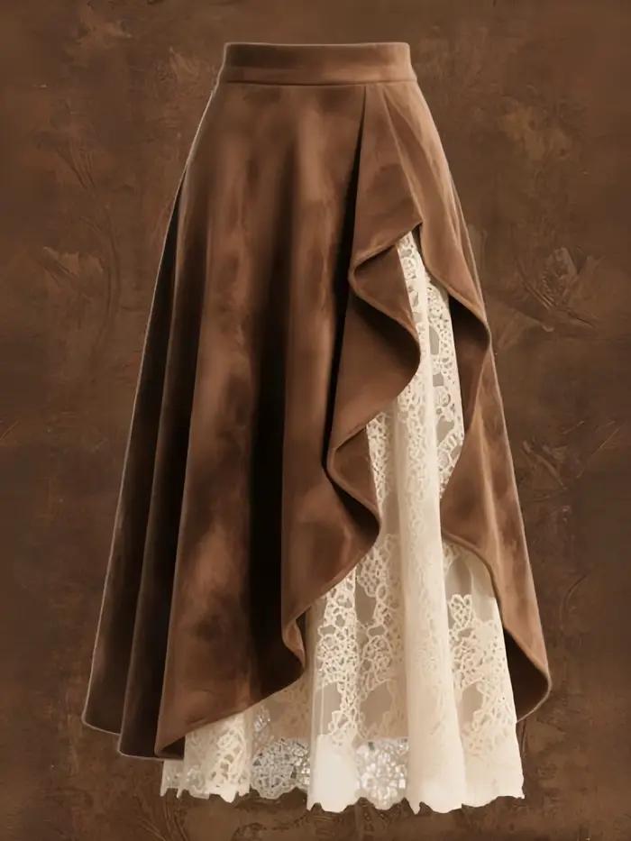 Jupe mi-longue en daim marron pour femme, style vintage occidental, avec patchwork en daim et dentel