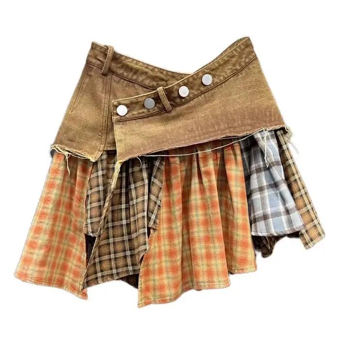 DEAT-Mini jupe en jean pour femme, couleur unie, coupe trapèze, taille haute, patchwork, plaid, 29L7