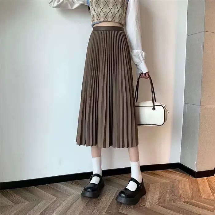 Jupe plissée printemps-été pour femme, jupe trapèze vintage unie à taille haute élastique, jupe midi