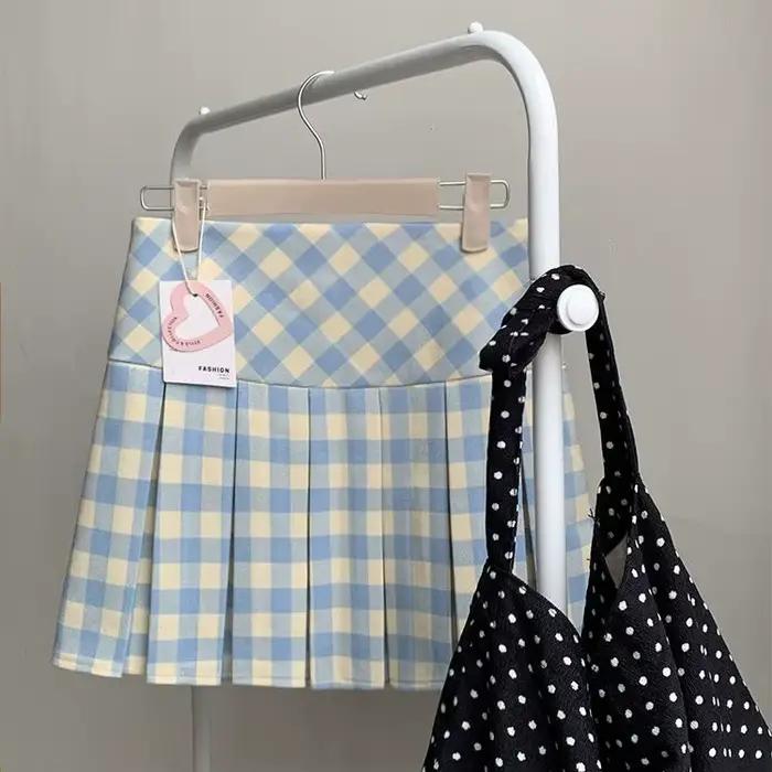 Mini jupe à carreaux japonaise pour femmes, jupe bleue à carreaux, longueur aux genoux, plissée, Chi