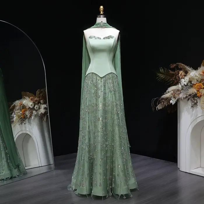 Robe de soirée longue de luxe verte Sharon Said, coupe trapèze avec corset et écharpe, richement per
