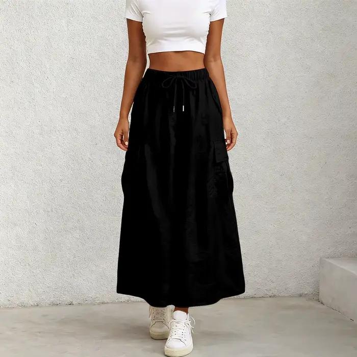 Jupes longues Cargo pour femmes, taille haute, cordon de serrage, multi-poches, Patchwork, jupe long