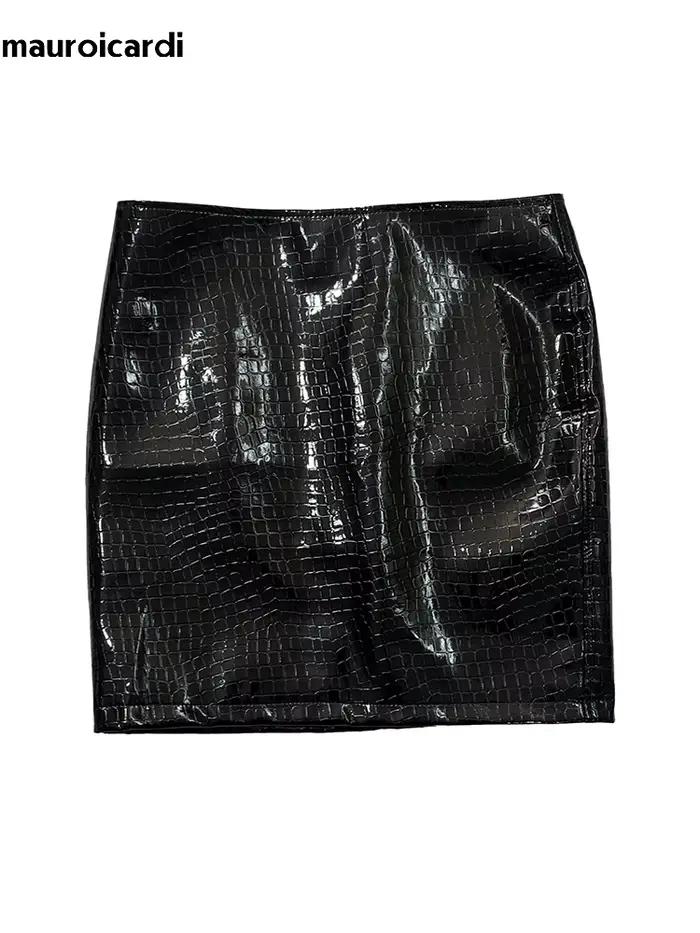 Mini jupe courte en cuir Pu pour femmes, imprimé Crocodile noir réfléchissant brillant, taille haute