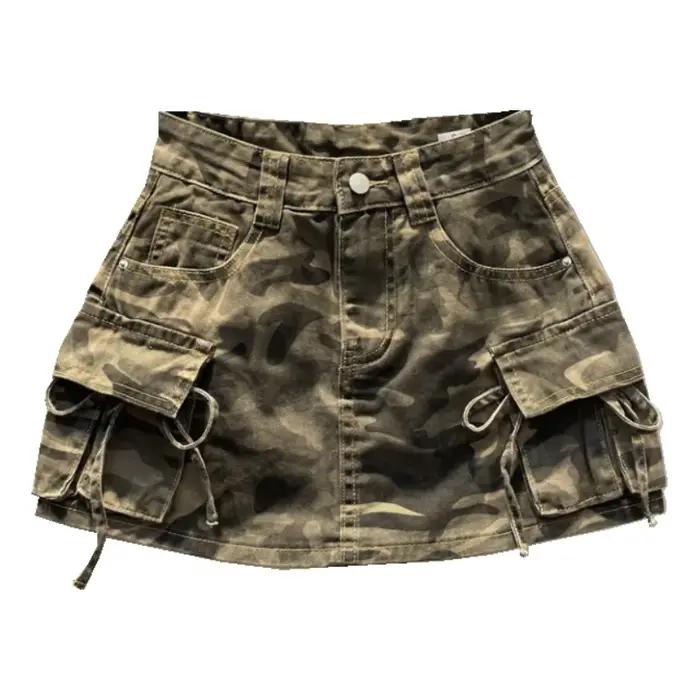 CamSolomon-Mini jupe cargo en denim pour femme, poches latérales, nœud décoratif, ligne A, hanche ro