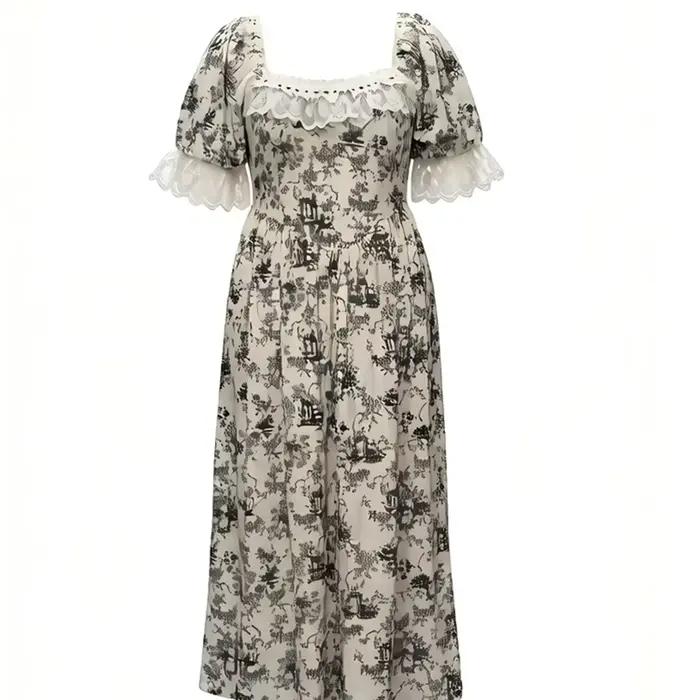 Robe longue vintage imprimé Toile de Jouy pour femme, nouvelle collection été 2026, style campagne f