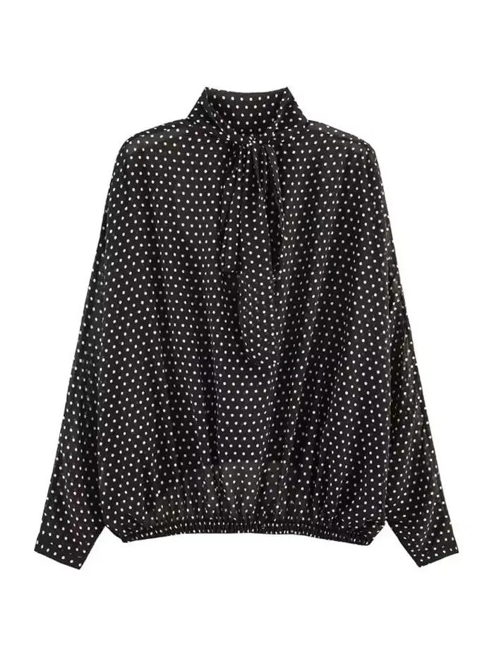 Ensemble 2 pièces jupe à pois pour femme, décontracté, col montant, manches longues à nouer, taille 