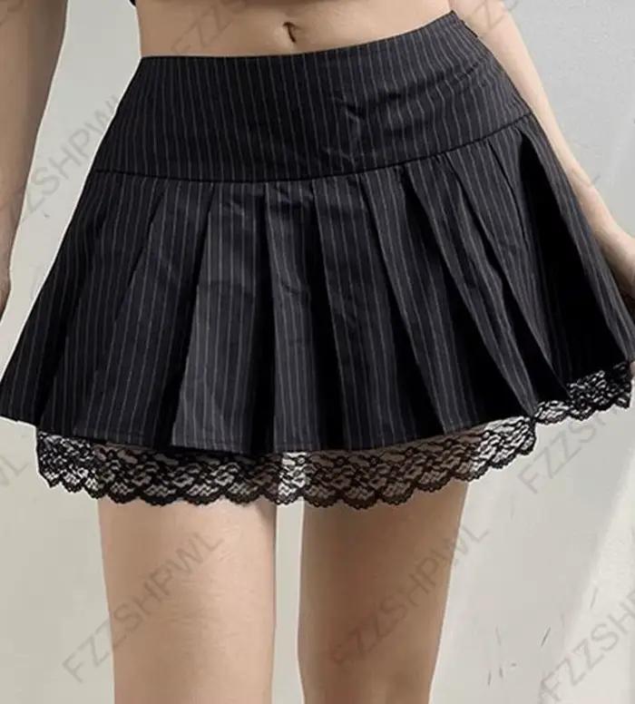 Jupe plissée rétro Y2K Coquette pour femme, noire à fines rayures, avec bordure en dentelle, taille 