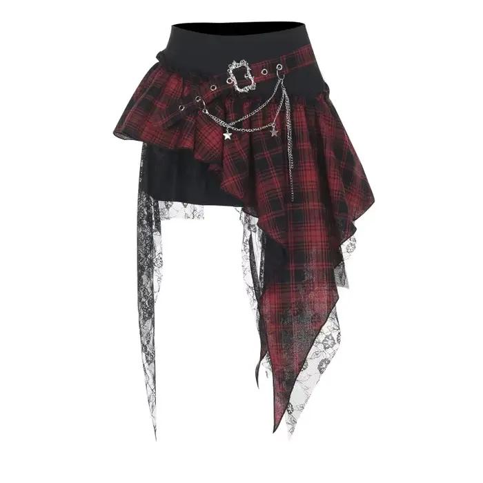 Jupe Punk gothique pour femmes, Streetwear, Harajuku, Patchwork irrégulier, jupe à carreaux rouge, H